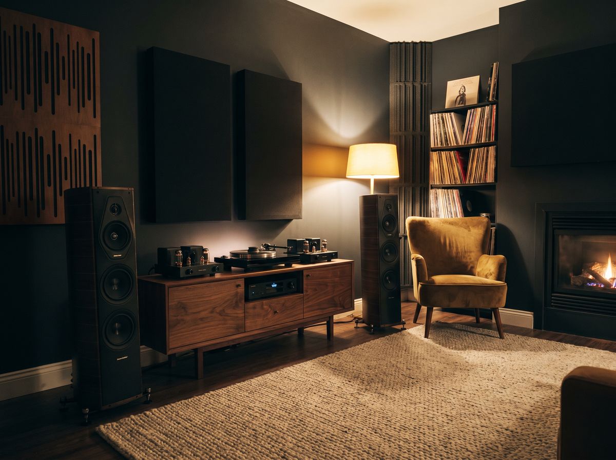 Hifi-luisterruimte met vloerstaande speakers en platenspeler — JVDH Installatie